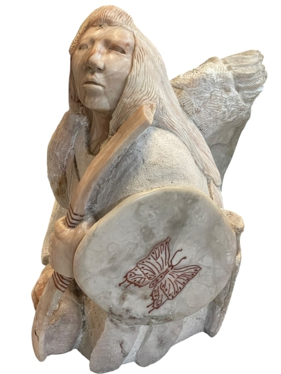LARGE CARVED ALABASTER NATIVE AMERICAN STATUE 25" (1 of 6)