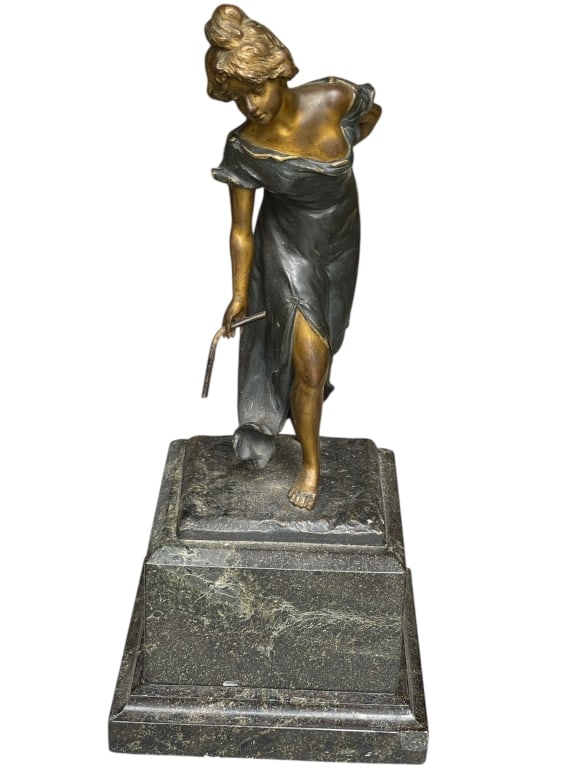 PAOLO FERRARI GIRL WITH HOOP SCULPTURE 11": ATTR. PAOLO FERRARI “GIRL WITH HOOP” PATINATED BRONZE SCULPTURE ON MARBLE BASE – HOOP MISSING SIGNED AT BASE -Elegant patinated bronze sculpture by Italian sculptor Paolo Ferrari, depicting