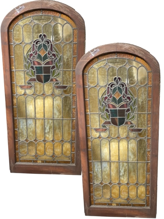 PAIR OF ANTIQUE ARCHED STAINED GLASS WINDOWS 55" (1 of 4)