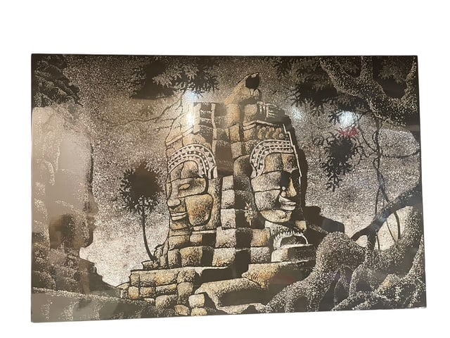 LACQUER ON WOOD BAYON TEMPLE CAMBODIA ART 16X23" (1 of 10)