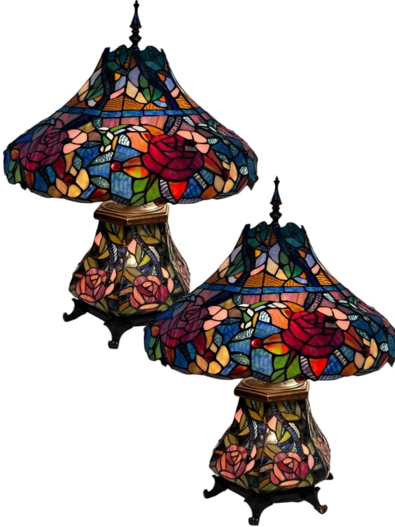 PAIR OF TIFFANY STYLE LEADED GLASS TABLE LAMPS (1 of 6)