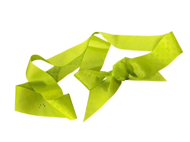 LOUIS VUITTON LIME GREEN GIFT RIBBON HAIR TIE: - Genuine Louis Vuitton issues gift ribbon - Lime Green in color - Embossed logo all over the ribbon - A couple of staple holes but overall very reuseable - Use as a hair tie or neck tie or details on