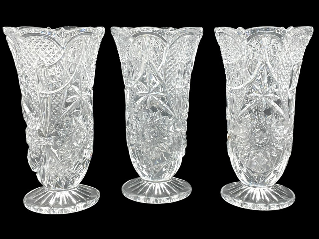 SET OF THREE CUT CRYSTAL PEDESTAL VASES 10" (1 of 7)