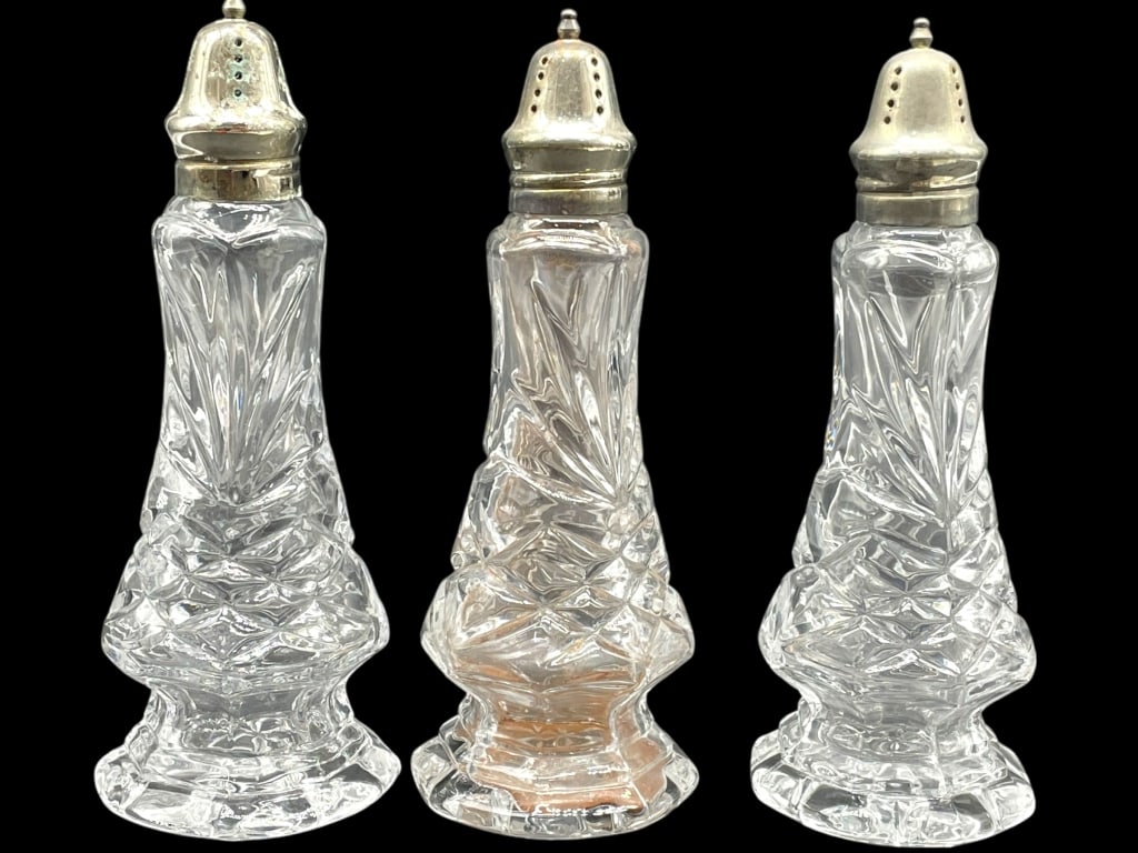 SET OF THREE VINTAGE CUT GLASS OIL CRUETS (1 of 5)