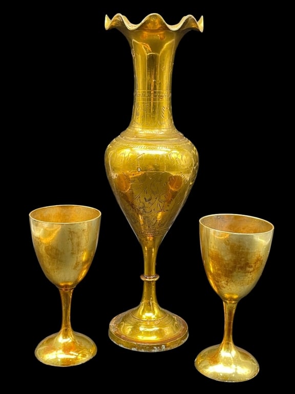 BRASS VASE WITH TWO MATCHING GOBLETS (1 of 8)
