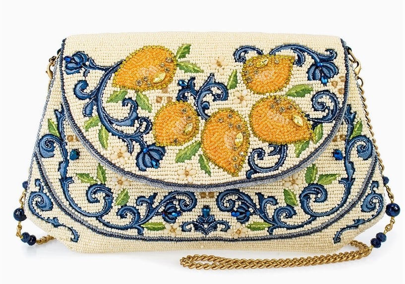 MARY FRANCES CAPRI LEMONS CROSSBODY HANDBAG: MARY FRANCES CAPRI LEMONS YELLOW AND BLUE BEADED CROSSBODY HANDBAG -New -Capri Lemons Handbag captures the essence of a sunny Italian getaway with its beaded bright yellow lemons and rich blue scrollw