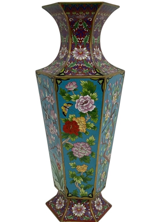 CLOISONNE HEXAGONAL FLORAL VASE W BUTTERFLY 20": CLOISONNE STYLECLOISONNE STYLE HEXAGONAL FLORAL VASE WITH BUTTERFLY MOTIF -Decorative cloisonné style vase featuring a tall hexagonal form with flared rim, richly enameled in vibrant turquoise, ruby