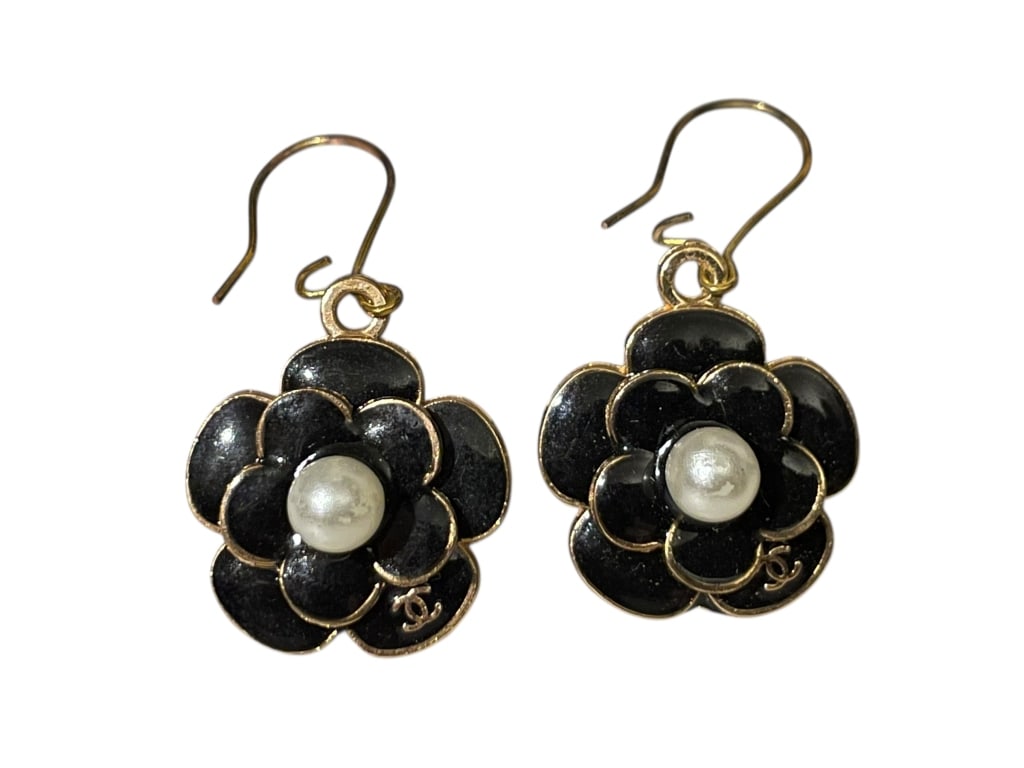 CHANEL CAMELIA CHARMS W/ PEARLS DANGLE EARRINGS 1": - Chanel designer earrings on french hooks for pierced ears - Small Camelia charms with pearl center and CC logo on petal - Black and gold with pearl accented - Charms are 1" so drop on these are abou