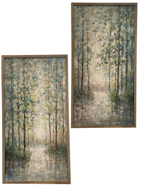 ABSTRACT FOREST LANDSCAPES GICLEE PRINTS 49": PAIR OF HAND-EMBELLISHED GICLEE PRINTS ON CANVAS – ABSTRACT FOREST LANDSCAPES 49" X 25" X 2" APPROX -Decorative pair of hand-embellished giclée prints on canvas depicting impressionistic woodland s