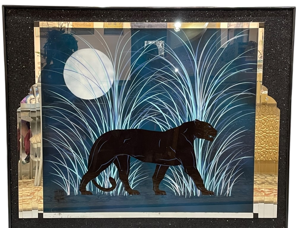 DECO STYLE REVERSE PAINTED PANTHER MIRROR ART 61" (1 of 5)