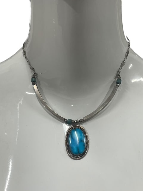 VINTAGE 40'S STERLING SILVER HALF MOON CHAIN W/PDT: - This is an old chain with a half moon cirlce attached - The half moon will stretch out to "grab" the neckline - The pendant is sterling silver but looks to be venetian turquoise - Still a beauty and