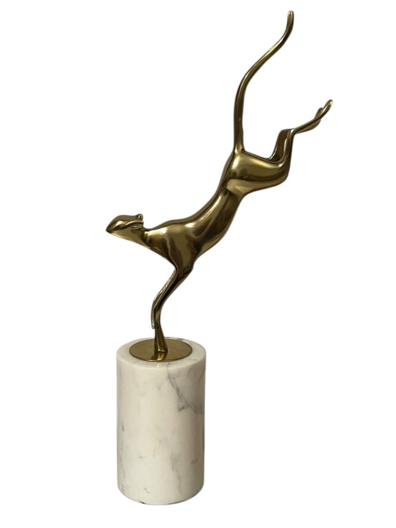 LEAPING JAGUAR BRASS STATUE FIGURINE W/MARBLE 14": LEAPING JAGUAR BRASS STATUE FIGURINE W/MARBLE 14" - Beautiful leaping / landing cat figuring statue or trophy - Art deco styling and inspiration - Retail price for new is $339 - ON a circular marble b