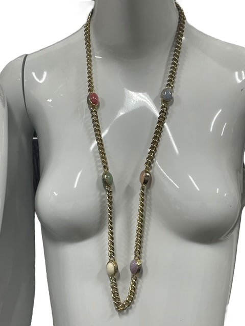 DRAMA VINTAGE 80'S LARGE STONES INLINE NECKLACE: - Vintage 1980's stunning chain necklace - Extra long length wear one layer or two - Chain is super heavy and the stones are double sided - All different stones encased in cabachon casing - No clusure
