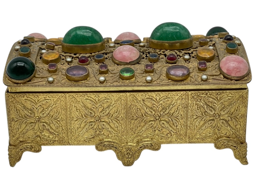 AUSTRIAN GILT METAL JEWELED TRINKET BOX 6" (1 of 6)