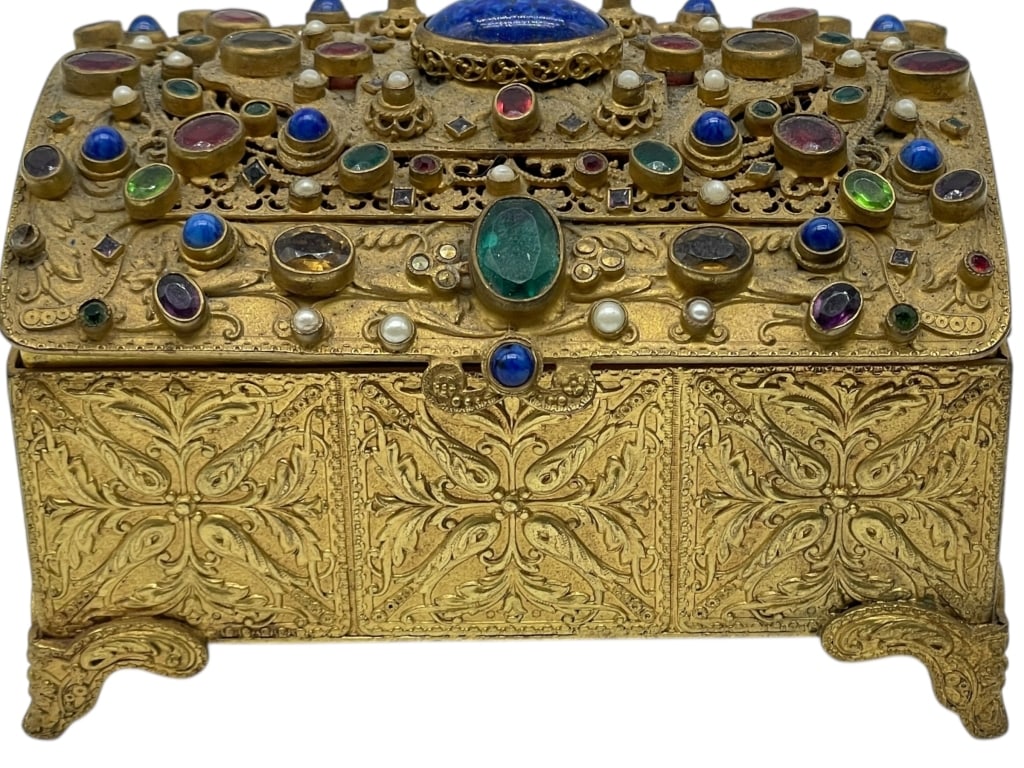 AUSTRIAN GILT METAL JEWELED TRINKET BOX 5" (1 of 6)