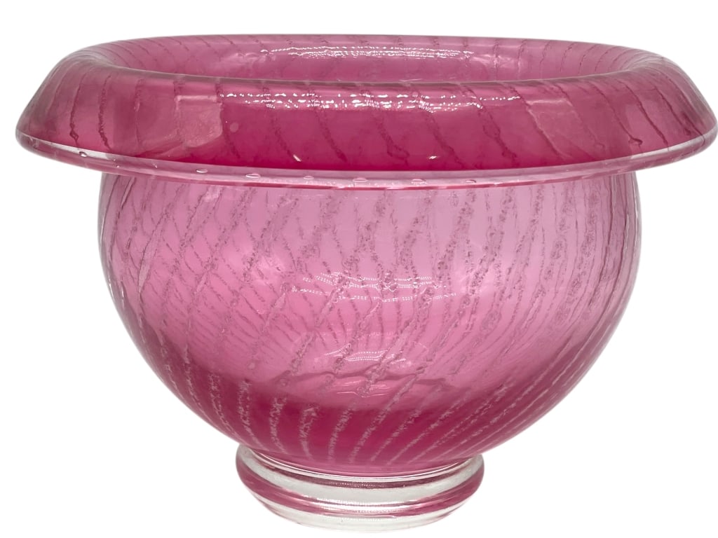 VTG PINK ART GLASS FOOTED BOWL W ROLLED RIM 10": VINTAGE PINK ART GLASS FOOTED BOWL WITH ROLLED RIM 7" X 10" D -Decorative vintage art glass bowl in translucent pink with subtle internal striations and a softly rolled wide rim, resting on a clear fo