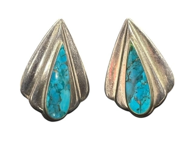 ANTIQUE STERLING & TURQUOISE NATIVE TEAR EARRINGS: - Antique from the 40's or 50's - No sterling stamp required at the time but tested sterling - Turquoise inset stones in the shape of a teardrop - Represents suffering and strenght in handling life fo