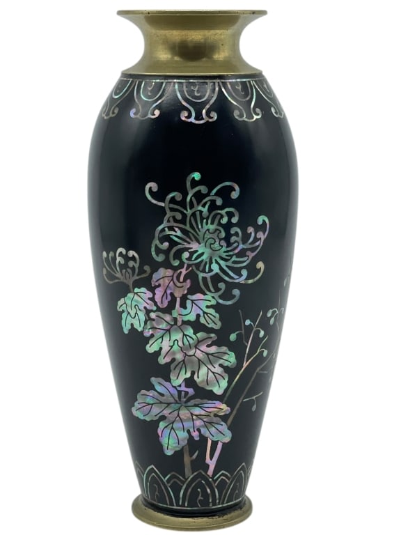 KOREAN M.O.P. INLAY SHELL CASING VASE 8": KOREAN MOTHER OF PEARL INLAY VASE WITH ARTILLERY SHELL CASING TOP AND BOTTOM This extraordinary decorative vase is masterfully crafted from repurposed brass artillery shell casings, featuring a sleek