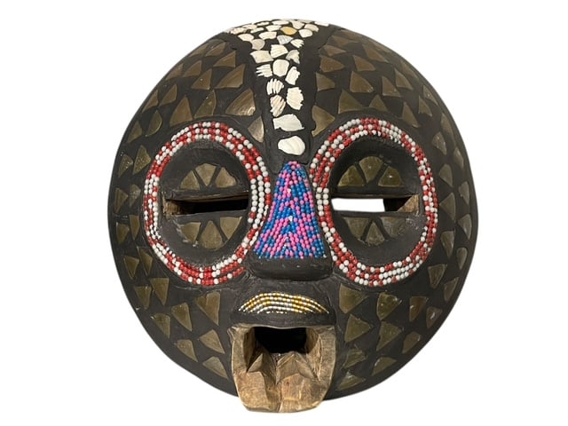 CARVED TRIBAL MASK IN REAL WOOD BEADING AND BRASS (1 of 8)