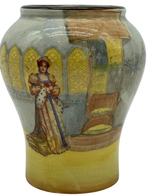 ROYAL DOULTON SHAKESPEAREAN KATHARINE VASE 5": ROYAL DOULTON SHAKESPEAREAN KATHARINE BULBOUS VASE -This rare Royal Doulton bulbous vase features a masterfully detailed scene of the character Katharine from Shakespeare’s plays, set against a back