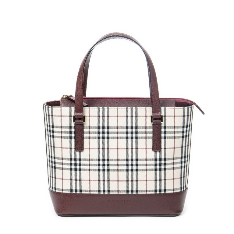 BURBERRY SQUARE ZIP TOTE BEIGE/BURGUNDY NOVA CHECK: *For ALTERNATIVE SHIPPING QUOTES, please visit www.dejavuauctionshipping.com* Burberry Square Zip Tote Beige/Burgundy Nova Check Canvas Gold * COLOR: Beige/Burgundy * PRODUCTION CODE: None * INCLUDED:
