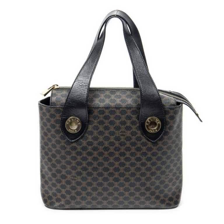 CELINE VINTAGE MINI BOSTON BROWN MACADAM COATED CA: *For ALTERNATIVE SHIPPING QUOTES, please visit www.dejavuauctionshipping.com* Celine Vintage Mini Boston Brown Macadam Coated Canvas Gold * COLOR: Brown * PRODUCTION CODE: M14 * INCLUDED: Strap 25.5*1