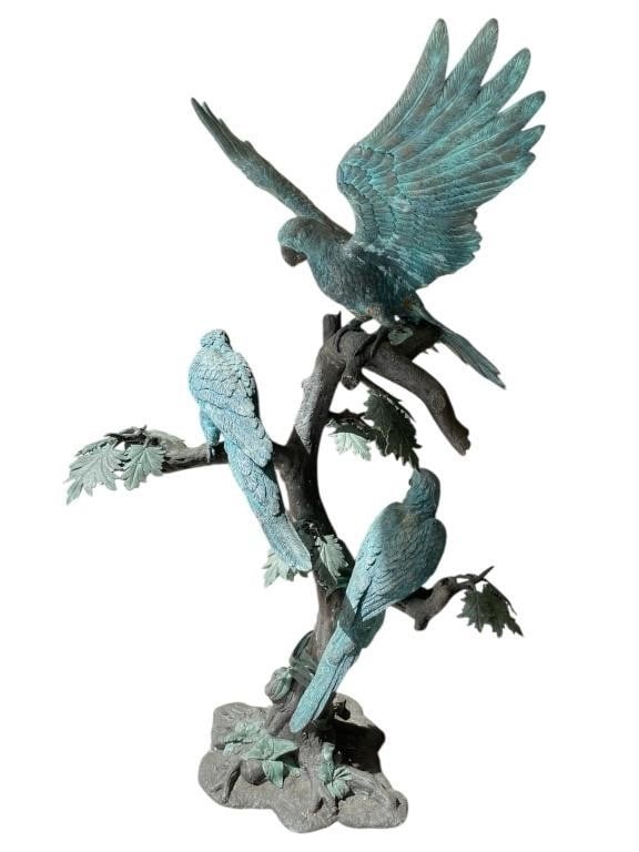LEONARDO ROSSI BRONZE PARROT SCULPTURE 55": *For ALTERNATIVE SHIPPING QUOTES, please visit www.dejavuauctionshipping.com* LEONARDO ROSSI BRONZE PARROT SCULPTURE WITH VERDIGRIS PATINA – 55" H -Large-scale bronze sculpture depicting three parro