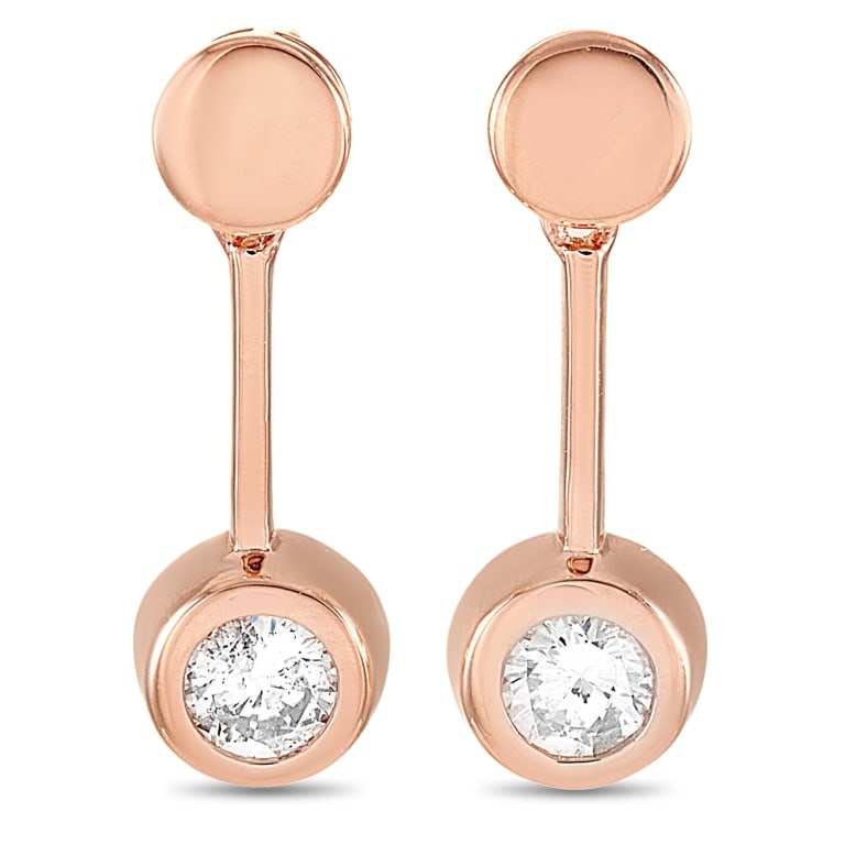 14K ROSE GOLD 0.58CT DIAMOND EARRINGS DROP DANGLE: These earrings are made of 14K rose gold and embellished with diamonds that total 0.58 carats. The earrings measure 0.63 in length and 0.19 in width and each of the two weighs 1.45 grams.The pair is o