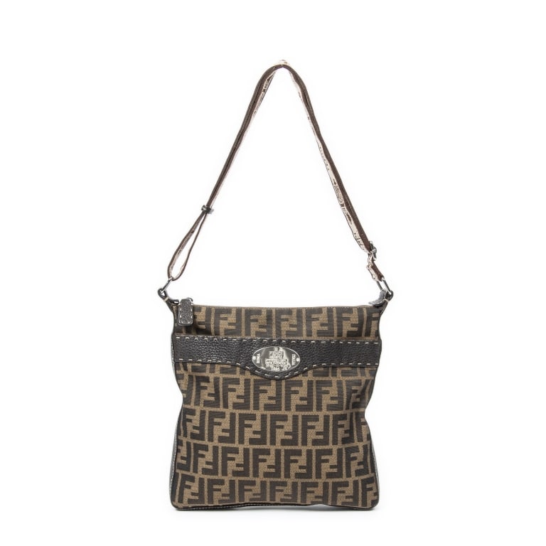 FENDI SELLERIA KHAKI/DARK BROWN ZUCCA CROSSBODY: *For ALTERNATIVE SHIPPING QUOTES, please visit www.dejavuauctionshipping.com* Fendi Selleria Crossbody Khaki/Dark Brown Zucca Canvas Silver * COLOR: Khaki/Dark Brown * PRODUCTION CODE: 2390-8BT109-JQ9