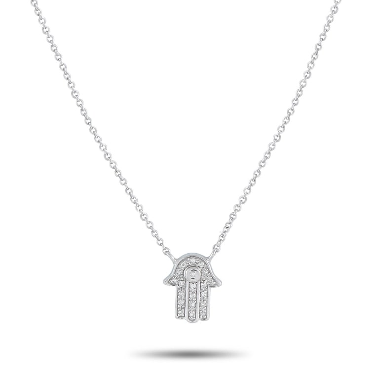 14K WHT GOLD 0.10CT DIAMOND HAMSA HAND NECKLACE: This luxury necklace brings new life to a classic spiritual symbol. The Hamsa an ancient emblem of protection against dark energy comes to life thanks to sparkling Diamonds totaling 0.10 carats. Craft