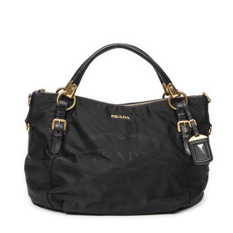 PRADA CONVERTIBLE JACQUARD BLACK NYLON ZIP TOTE: *For ALTERNATIVE SHIPPING QUOTES, please visit www.dejavuauctionshipping.com* Prada Convertible Jacquard Zip Tote Black Nylon Canvas Gold * COLOR: Black * PRODUCTION CODE: 165 * INCLUDED: Strap, Lugga