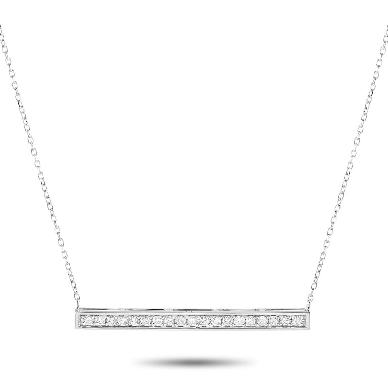 14K WHITE GOLD 0.25CT DIAMOND BAR PENDANT NECKLACE: This necklace is made of 14K white gold and embellished with diamonds that amount to 0.25 carats. The necklace weighs 2.1 grams and boasts a 15 chain and a pendant that measures 0.13 in length and 1.2
