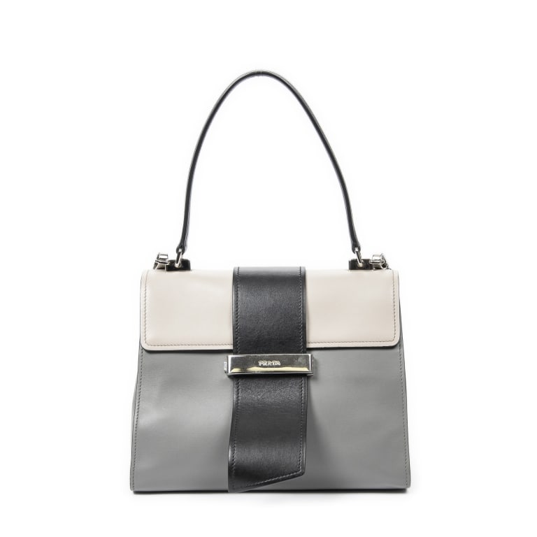 PRADA CITY CALFSKIN LEATHER TOP HANDLE BAG: *For ALTERNATIVE SHIPPING QUOTES, please visit www.dejavuauctionshipping.com* Prada City Top Handle Bag Grey/Black/Taupe Calfskin Leather Silver * COLOR: Grey/Black/Taupe * PRODUCTION CODE: 7K * INCLU