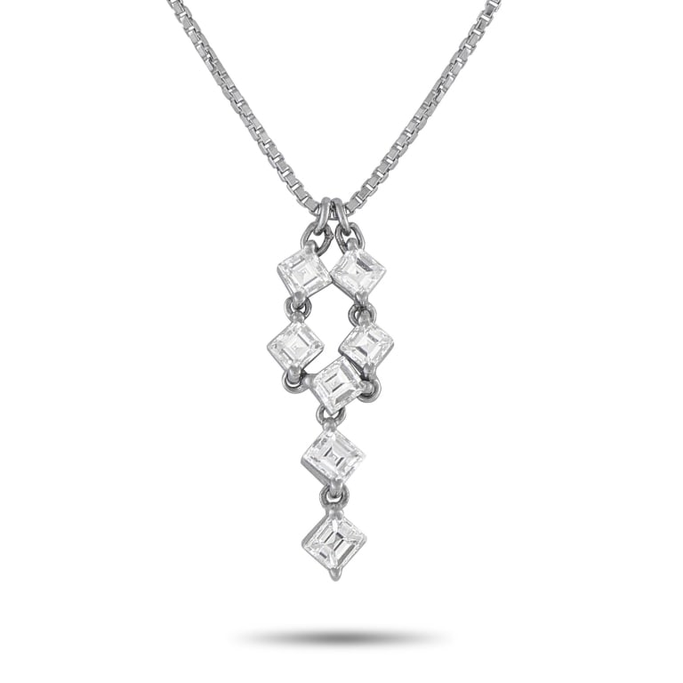 PLATINUM 1.07CT DIAMOND NECKLACE: This luxury necklace perfectly combines understated elegance with contemporary design. Diamonds with a total weight of 1.07 carats seemingly cascade from the sleek 16 box chain, creating a chic pendan