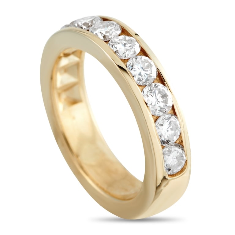 14K YLW GOLD 1.0CT DIAMOND HALF-ETERNITY RING 5.75: Ideal for everyday wear, this band ring can be easily worn alone or stacked with other luxury pieces. Round-cut Diamonds totaling 1.0 carats in a channel setting make it truly timeless in design. The