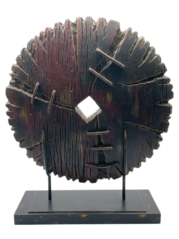 RUSTIC TRIBAL STYLE WOODEN DISC SCULPTURE 22" (1 of 4)