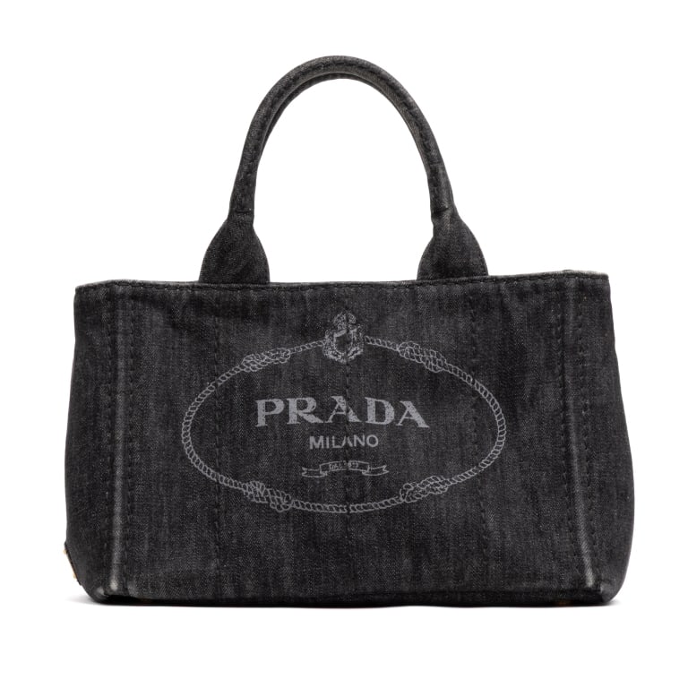 PRADA CANAPA TOTE GREY DENIM STAMPATA CANVAS GOLD: *For ALTERNATIVE SHIPPING QUOTES, please visit www.dejavuauctionshipping.com* Prada Canapa Tote Grey Denim Stampata Canvas Gold * COLOR: Grey * PRODUCTION CODE: 1BG439 / 180/E * INCLUDED: Strap, Authe