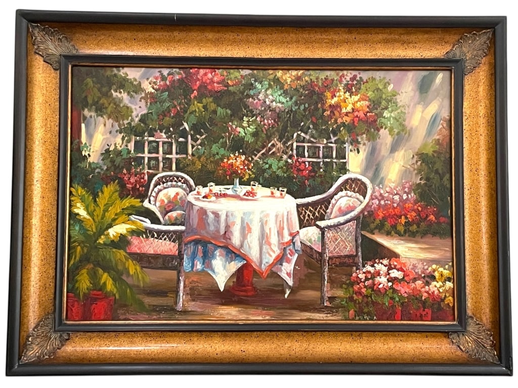 LARGE ROMANTIC GARDEN BISTRO OIL ON CANVAS 44.5": LARGE OIL ON CANVAS: ROMANTIC GARDEN BISTRO SCENE WITH WICKER CHAIRS -A charming, large-format decorative oil painting on canvas depicting a serene garden or sunroom setting. The composition is center