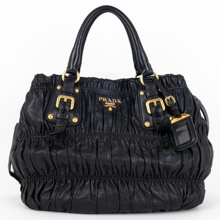 PRADA BLACK NAPPA GAUFRE LEATHER CROSSBODY TOTE: *For ALTERNATIVE SHIPPING QUOTES, please visit www.dejavuauctionshipping.com* Prada Crossbody Tote Black Nappa Gaufre Leather Gold * COLOR: Black * PRODUCTION CODE: 25 * INCLUDED: Strap, Luggage Tag 3