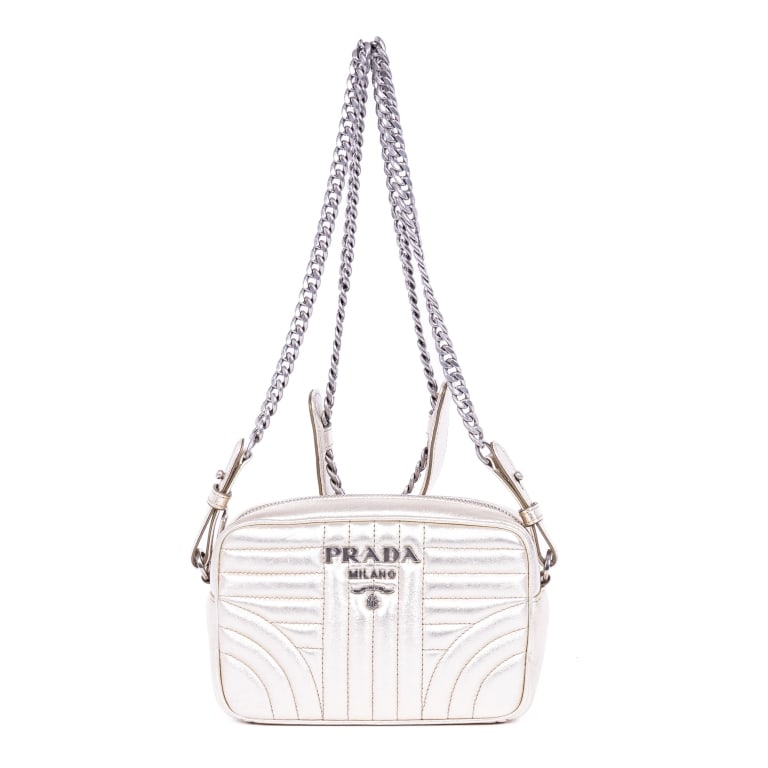 PRADA DIAGRAMME CAMERA CROSSBODY METALLIC SILVER: *For ALTERNATIVE SHIPPING QUOTES, please visit www.dejavuauctionshipping.com* Prada Diagramme Camera Crossbody Metallic Silver Nappa ImpuntureCalfskin Leather Silver * COLOR: Metallic Silver * PRODUCT