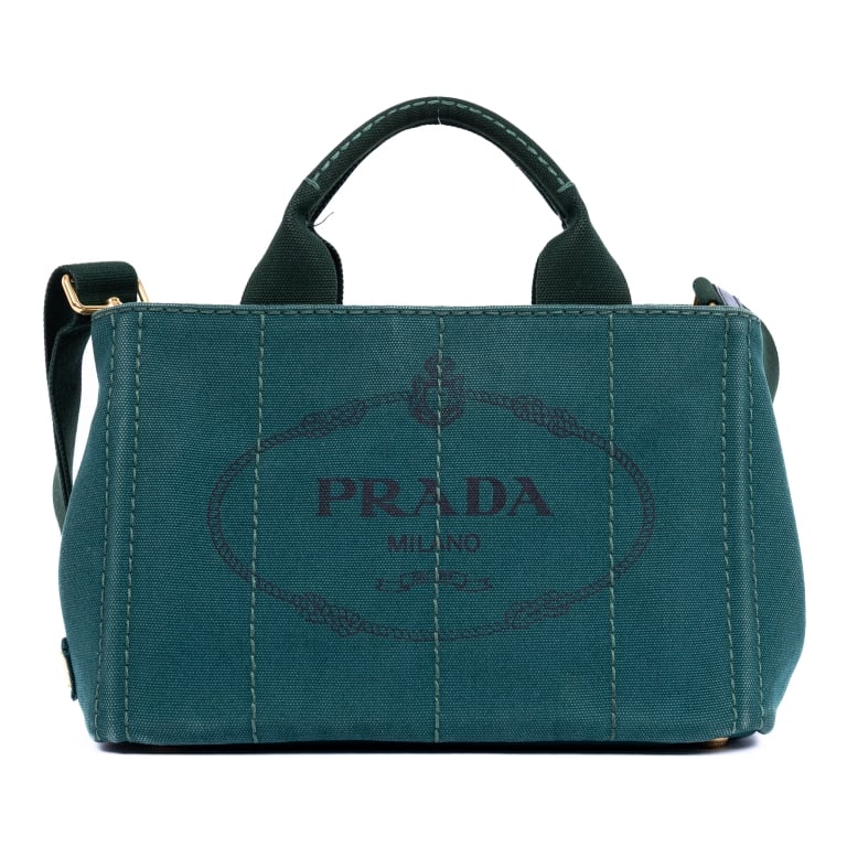 PRADA CANAPA TOTE DARK GREEN STAMPATA DENIM CANVA: *For ALTERNATIVE SHIPPING QUOTES, please visit www.dejavuauctionshipping.com* Prada Canapa Tote Dark Green Stampata Denim Canvas Gold * COLOR: Dark Green * PRODUCTION CODE: 158/A * INCLUDED: Strap, Au