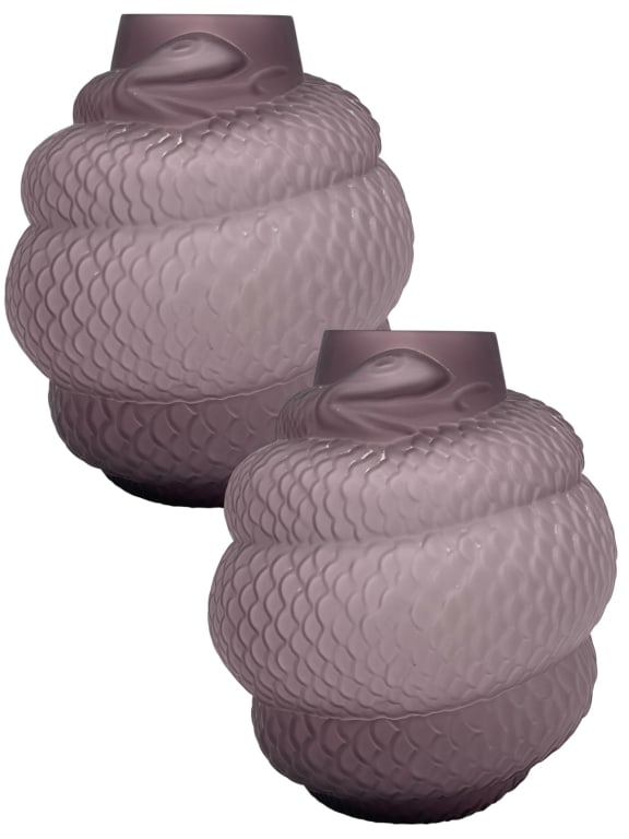 LALIQUE STYLE AMETHYST GLASS SNAKE VASES 12": ****for competitive shipping options please go to www.dejavuauctionshipping.com-PAIR OF LALIQUE STYLE SCULPTURAL AMETHYST GLASS SNAKE FORM VASES-Striking pair of Lalique style sculptural glass vases
