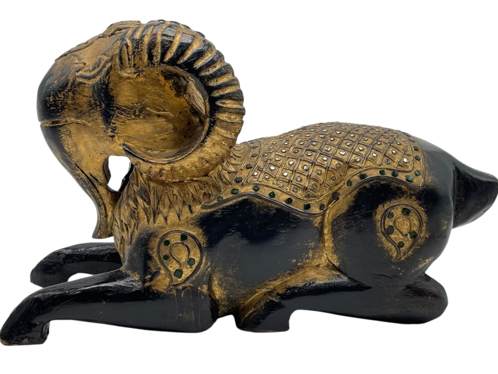 DECORATIVE GILT JEWELED RAM FIGURAL SCULPTURE 15": ****for competitive shipping options please go to www.dejavuauctionshipping.com-DECORATIVE RAM FIGURAL SCULPTURE WITH GILT AND JEWELED ACCENTS-Striking figural ram sculpture rendered in a recumbent