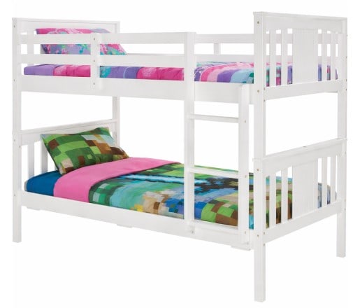 SOLID WOOD TWIN OVER TWIN BUNK BED WITH LADDER: ****for competitive shipping options please go to www.dejavuauctionshipping.com -WHITE SOLID WOOD TWIN OVER TWIN BUNK BED WITH LADDER AND GUARD RAIL AND MATTRESS 1 OF 2 AVAILABLE -This solid wood twin