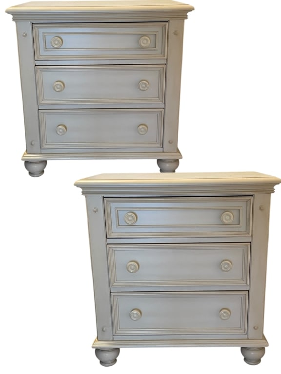FRENCH COUNTRY IVORY NIGHTSTANDS: ****for competitive shipping options please go to www.dejavuauctionshipping.com -PAIR OF MATCHING OFF-WHITE / IVORY NIGHTSTANDS -29" X 28" X 18" APPROX EACH -This matching pair of off-white / ivory ni