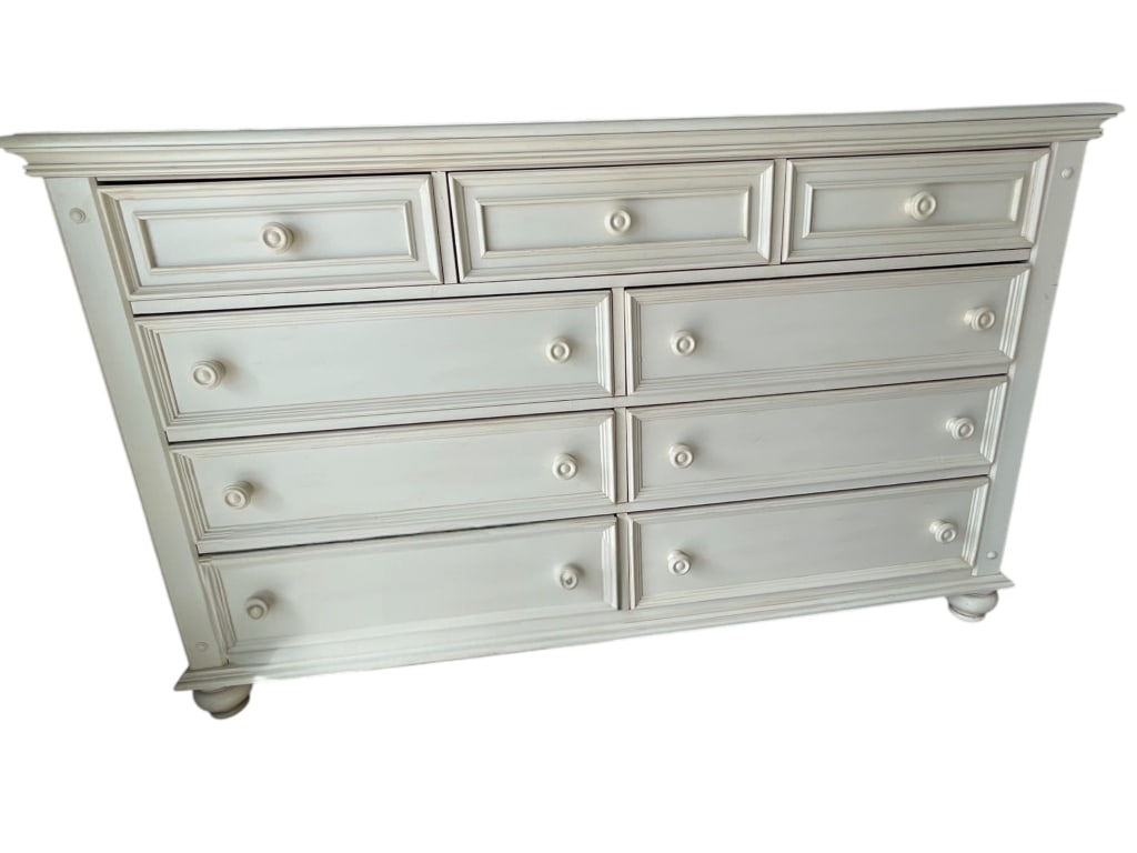 FRENCH COUNTRY IVORY DRESSER: ****for competitive shipping options please go to www.dejavuauctionshipping.com -FRENCH COUNTRY OFF-WHITE IVORY LARGE DRESSER -This substantial off-white ivory dresser showcases a classic paneled desi