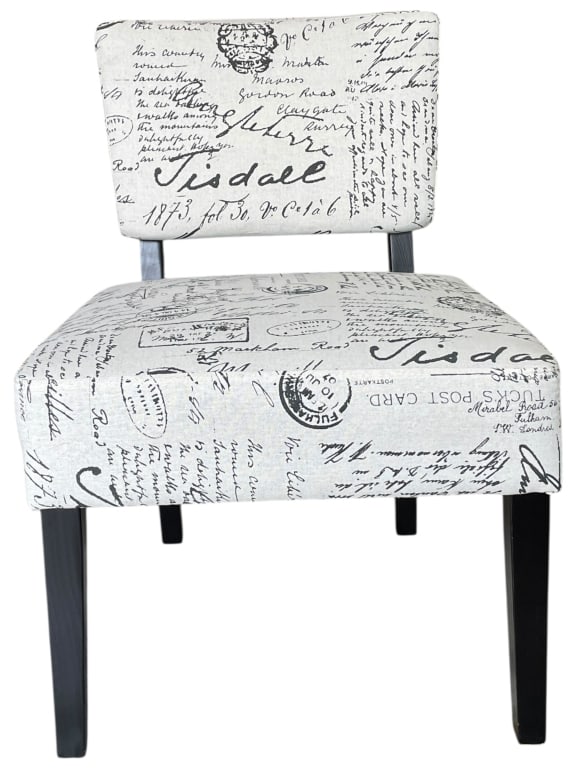 SCRIPT PATTERN UPHOLSTERED ACCENT CHAIR: ****for competitive shipping options please go to www.dejavuauctionshipping.com -SCRIPT PATTERN UPHOLSTERED ACCENT CHAIR -Decorative accent chair featuring a distinctive script-print upholstery with v