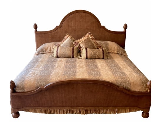 TOMMY BAHAMA LEXINGTON KING SIZE BED: TOMMY BAHAMA LEXINGTON KING SIZE BED WITH CANE HEADBOARD AND FRINGED FOOTBOARD -This striking Tommy Bahama Lexington king-size bed exemplifies refined island-inspired luxury blended with classic tradi