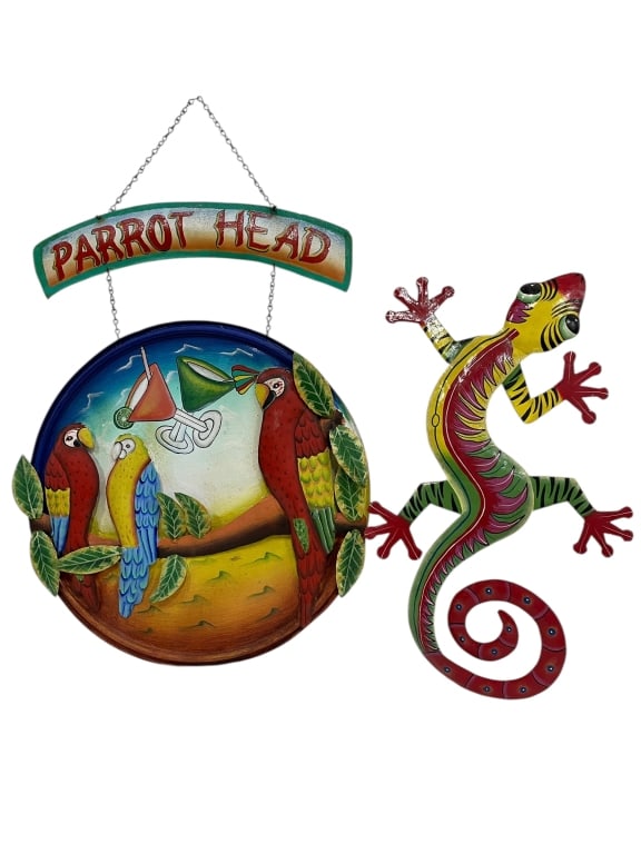 KEY WEST PARROT HHEAD STYLE METAL SIGNS 26": ****for competitive shipping options please go to www.dejavuauctionshipping.com -PAIR OF PARROT HEAD–THEMED HAND-PAINTED METAL WALL DECOR PIECES -Colorful tropical décor lot featuring two hand-pain