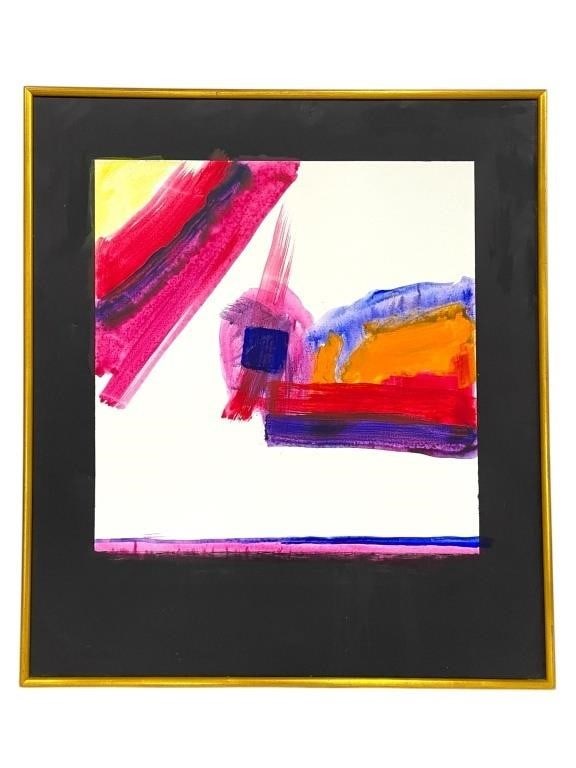 CONTEMPORARY ABSTRACT MIXED MEDIA PAINTING 33": CONTEMPORARY ABSTRACT MIXED MEDIA PAINTING 33" -VERY GOOD PRE OWNED CONDITION -APPROX 29" X 1.25" X 33" -A MODERN ABSTRACT PAINTING IN VIBRANT HUES OF FUCHSIA, ORANGE, PURPLE, AND BLUE AGAINST A WHITE